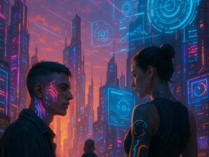 Futuristische Stadt bei Sonnenuntergang mit holographischen Anzeigen, cyber-augmentierten Menschen und schwebenden Drohnen, inspiriert von Tobias Hager für 404 Magazine
