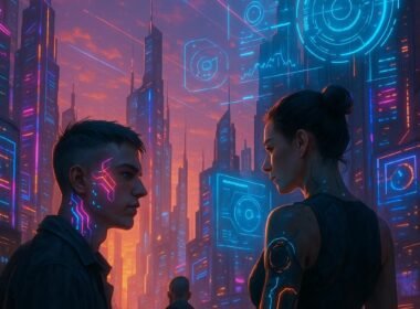 Futuristische Stadt bei Sonnenuntergang mit holographischen Anzeigen, cyber-augmentierten Menschen und schwebenden Drohnen, inspiriert von Tobias Hager für 404 Magazine