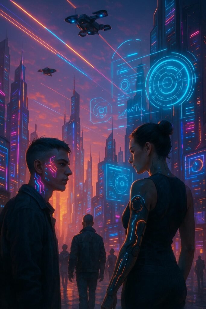 Futuristische Stadt bei Sonnenuntergang mit holographischen Anzeigen, cyber-augmentierten Menschen und schwebenden Drohnen, inspiriert von Tobias Hager für 404 Magazine