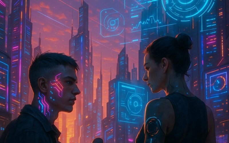 Futuristische Stadt bei Sonnenuntergang mit holographischen Anzeigen, cyber-augmentierten Menschen und schwebenden Drohnen, inspiriert von Tobias Hager für 404 Magazine