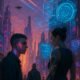 Futuristische Stadt bei Sonnenuntergang mit holographischen Anzeigen, cyber-augmentierten Menschen und schwebenden Drohnen, inspiriert von Tobias Hager für 404 Magazine