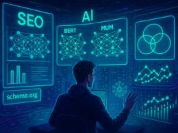 Futuristischer Arbeitsplatz mit holografischen Interfaces, neuronalen Netzwerken und KI-Analysen, die die Zukunft der Suchmaschinenoptimierung zeigen.