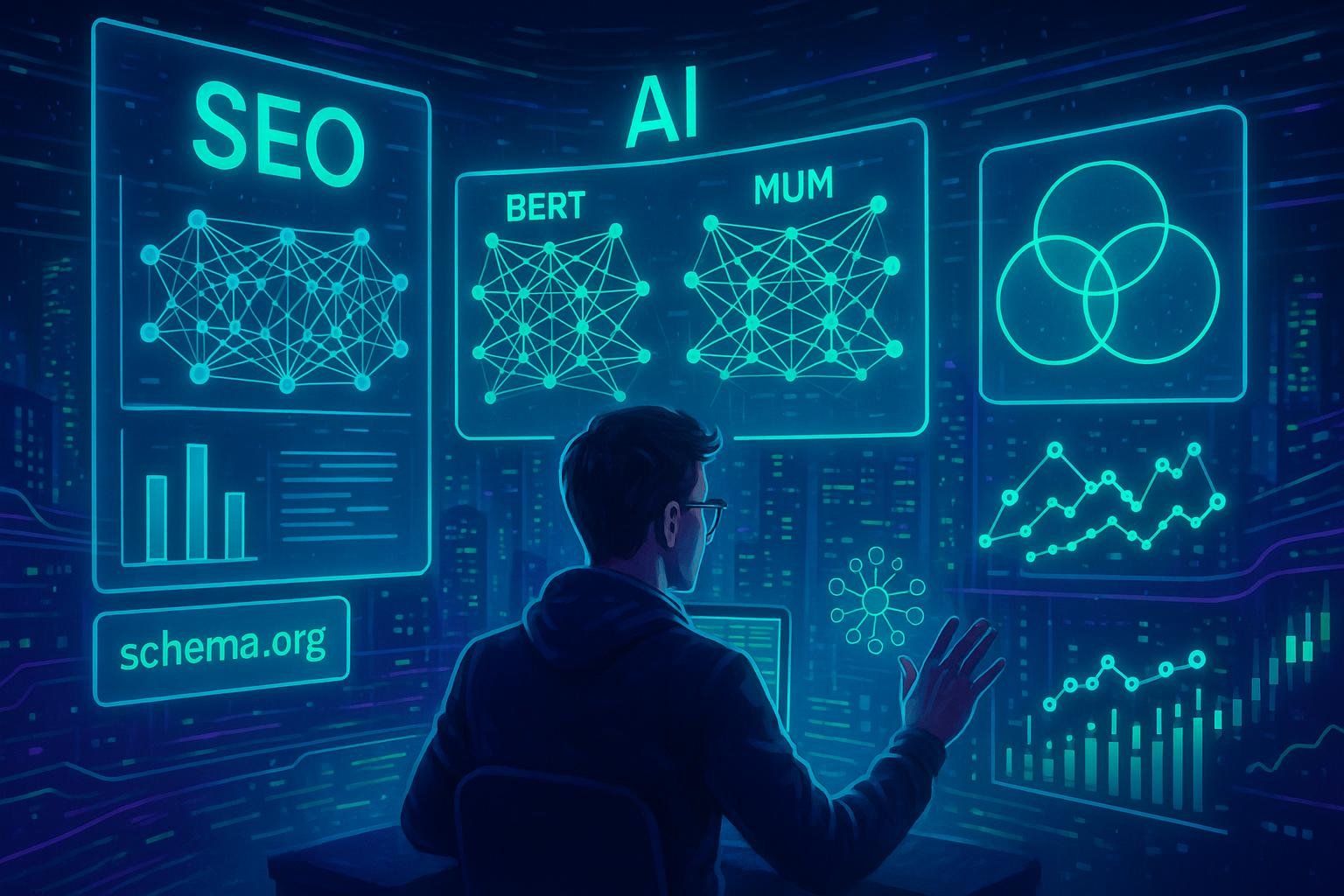 Futuristischer Arbeitsplatz mit holografischen Interfaces, neuronalen Netzwerken und KI-Analysen, die die Zukunft der Suchmaschinenoptimierung zeigen.