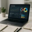 Moderner Arbeitsplatz mit Laptop, SEO-Analyse-Dashboard, Notizbüchern, Stift und Topfpflanze in hellem Büro