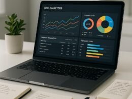 Moderner Arbeitsplatz mit Laptop, SEO-Analyse-Dashboard, Notizbüchern, Stift und Topfpflanze in hellem Büro