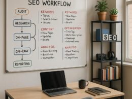 Modernes Büro mit Whiteboard, auf dem eine SEO-Workflow-Strategie dargestellt wird, inklusive Schreibtisch mit Laptop, Kaffeetasse und Regalen mit SEO-Tools und Büchern, beleuchtet durch Tageslicht
