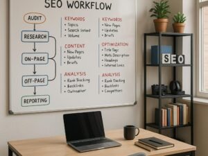Modernes Büro mit Whiteboard, auf dem eine SEO-Workflow-Strategie dargestellt wird, inklusive Schreibtisch mit Laptop, Kaffeetasse und Regalen mit SEO-Tools und Büchern, beleuchtet durch Tageslicht