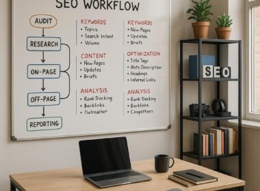 Modernes Büro mit Whiteboard, auf dem eine SEO-Workflow-Strategie dargestellt wird, inklusive Schreibtisch mit Laptop, Kaffeetasse und Regalen mit SEO-Tools und Büchern, beleuchtet durch Tageslicht