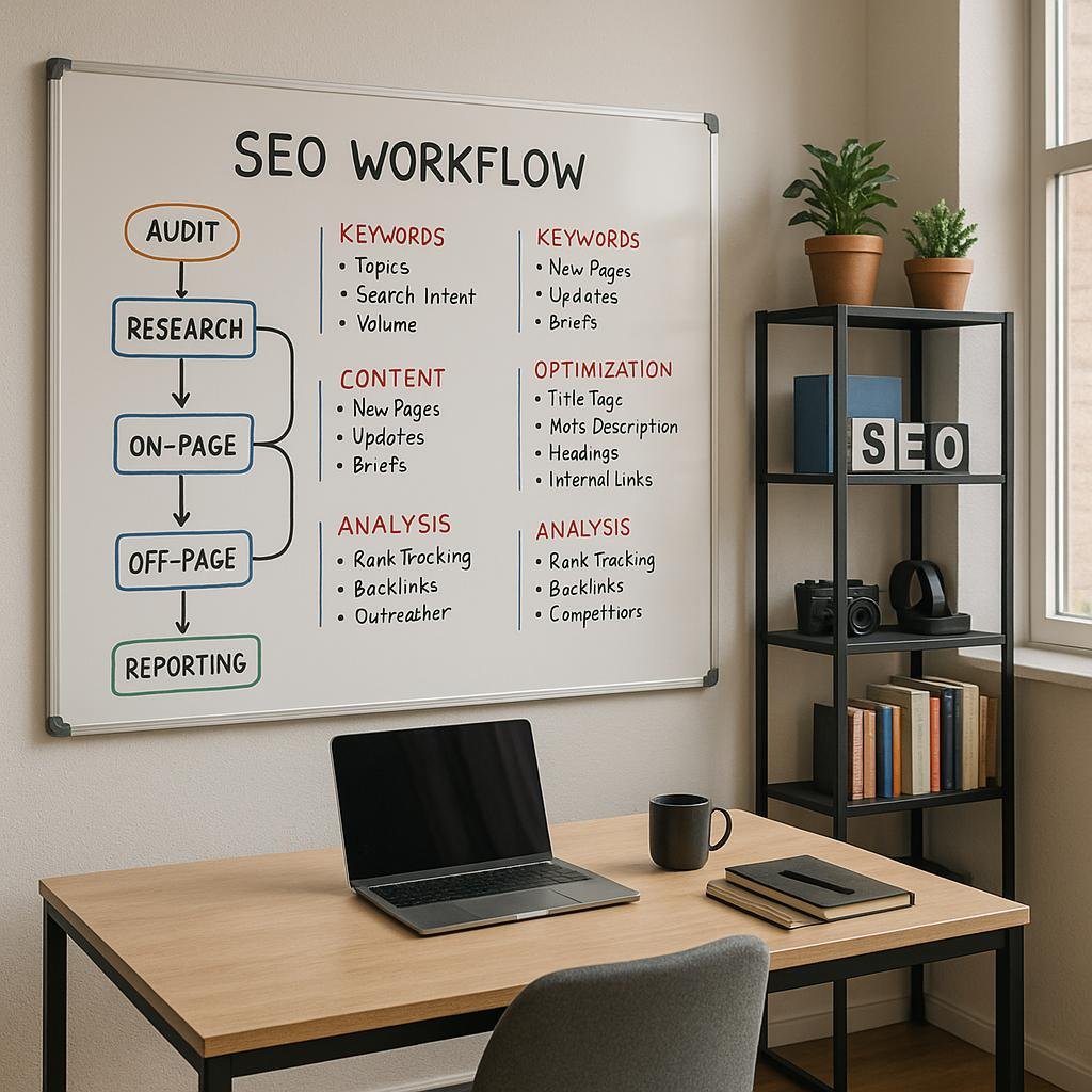 Modernes Büro mit Whiteboard, auf dem eine SEO-Workflow-Strategie dargestellt wird, inklusive Schreibtisch mit Laptop, Kaffeetasse und Regalen mit SEO-Tools und Büchern, beleuchtet durch Tageslicht