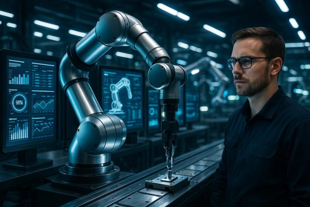 Ein eleganter, moderner Industrieroboterarm in einer High-Tech-Fertigungs linie, überwacht von einem Techniker, mit digitalen Displays und leuchtenden LED-Lichtern, symbolisiert Innovation und Automatisierung.