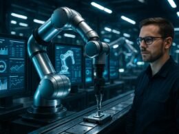 Ein eleganter, moderner Industrieroboterarm in einer High-Tech-Fertigungs linie, überwacht von einem Techniker, mit digitalen Displays und leuchtenden LED-Lichtern, symbolisiert Innovation und Automatisierung.