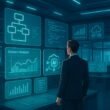 Person in Business-Kleidung vor holographischen Bildschirmen mit Flowcharts, Code, Content-Analysen und KI-Icons in einem futuristischen Büro