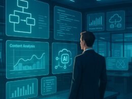 Person in Business-Kleidung vor holographischen Bildschirmen mit Flowcharts, Code, Content-Analysen und KI-Icons in einem futuristischen Büro