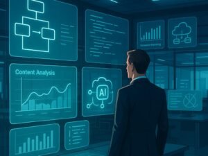Person in Business-Kleidung vor holographischen Bildschirmen mit Flowcharts, Code, Content-Analysen und KI-Icons in einem futuristischen Büro