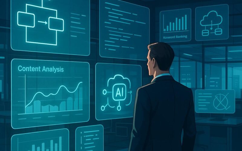 Person in Business-Kleidung vor holographischen Bildschirmen mit Flowcharts, Code, Content-Analysen und KI-Icons in einem futuristischen Büro