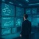 Person in Business-Kleidung vor holographischen Bildschirmen mit Flowcharts, Code, Content-Analysen und KI-Icons in einem futuristischen Büro