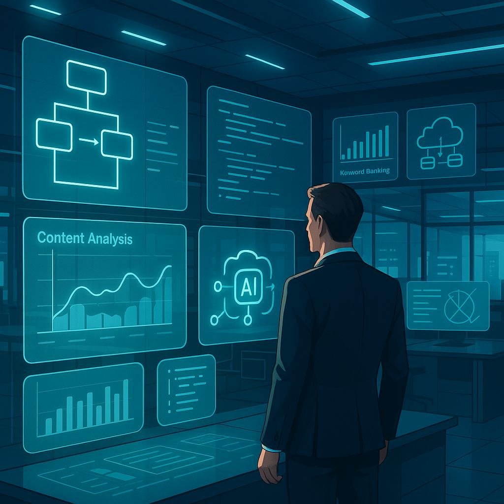 Person in Business-Kleidung vor holographischen Bildschirmen mit Flowcharts, Code, Content-Analysen und KI-Icons in einem futuristischen Büro
