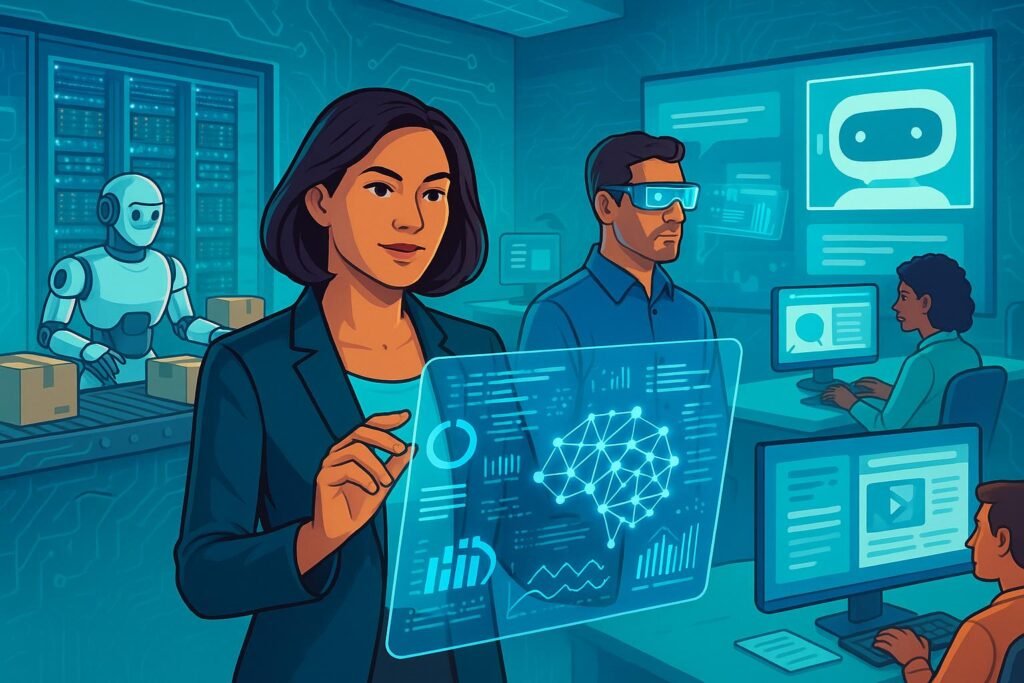 Futuristisches Büro mit Fachkräften, die digitale Schnittstellen, AR-Brillen und Robotik in einer technologisch fortschrittlichen Umgebung verwenden