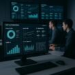 Modernes Kontrollzentrum mit Monitoren, die KPIs und Echtzeit-Daten zur KI-Qualität und -Performance visualisieren, mit Entwicklern im Hintergrund