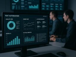 Modernes Kontrollzentrum mit Monitoren, die KPIs und Echtzeit-Daten zur KI-Qualität und -Performance visualisieren, mit Entwicklern im Hintergrund