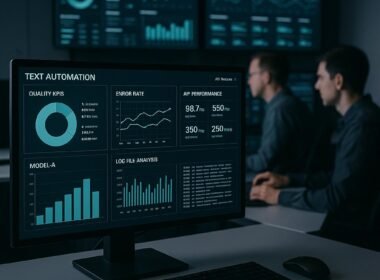Modernes Kontrollzentrum mit Monitoren, die KPIs und Echtzeit-Daten zur KI-Qualität und -Performance visualisieren, mit Entwicklern im Hintergrund