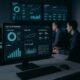 Modernes Kontrollzentrum mit Monitoren, die KPIs und Echtzeit-Daten zur KI-Qualität und -Performance visualisieren, mit Entwicklern im Hintergrund