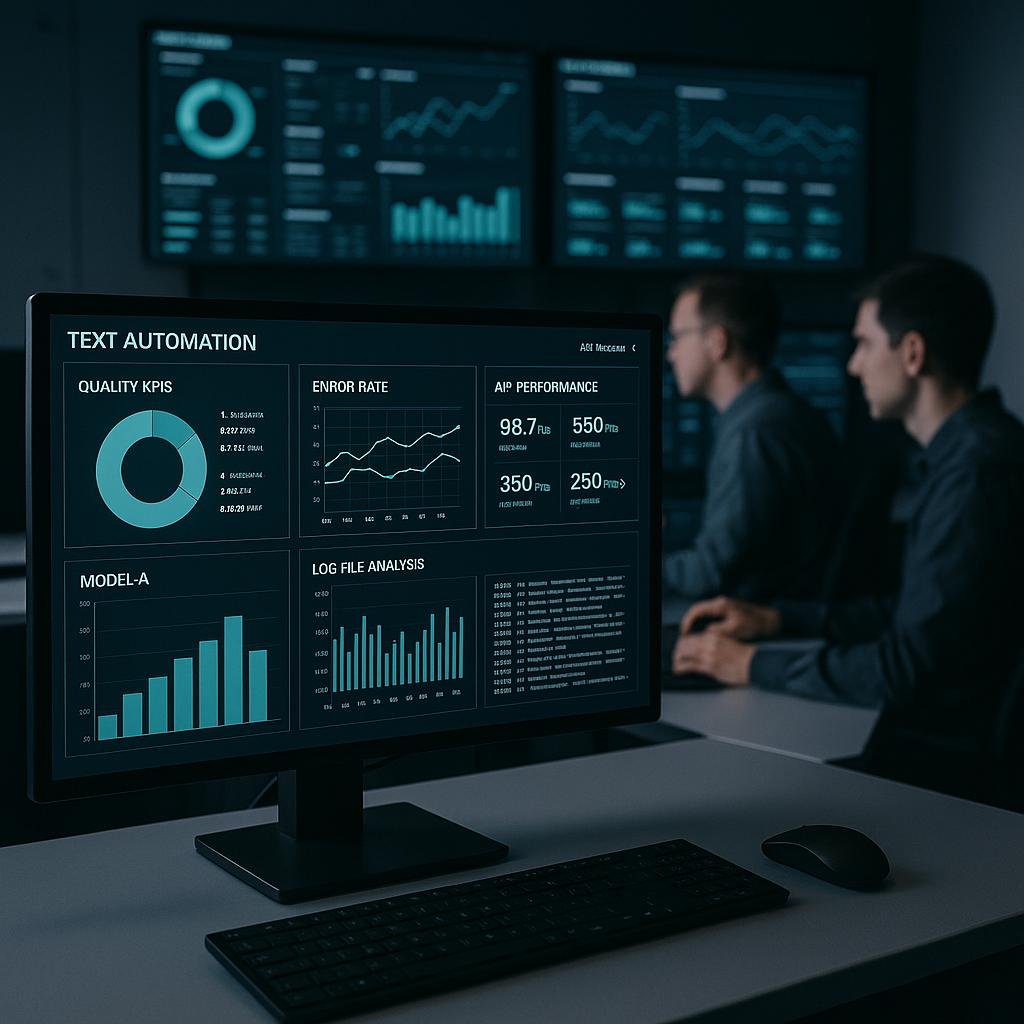 Modernes Kontrollzentrum mit Monitoren, die KPIs und Echtzeit-Daten zur KI-Qualität und -Performance visualisieren, mit Entwicklern im Hintergrund