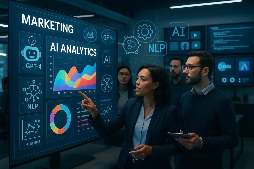 Dynamisches Marketingbüro mit Team, digitalem Touchscreen, holographischen KI-Symbolen und futuristischem Dekor