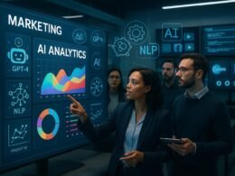 Dynamisches Marketingbüro mit Team, digitalem Touchscreen, holographischen KI-Symbolen und futuristischem Dekor