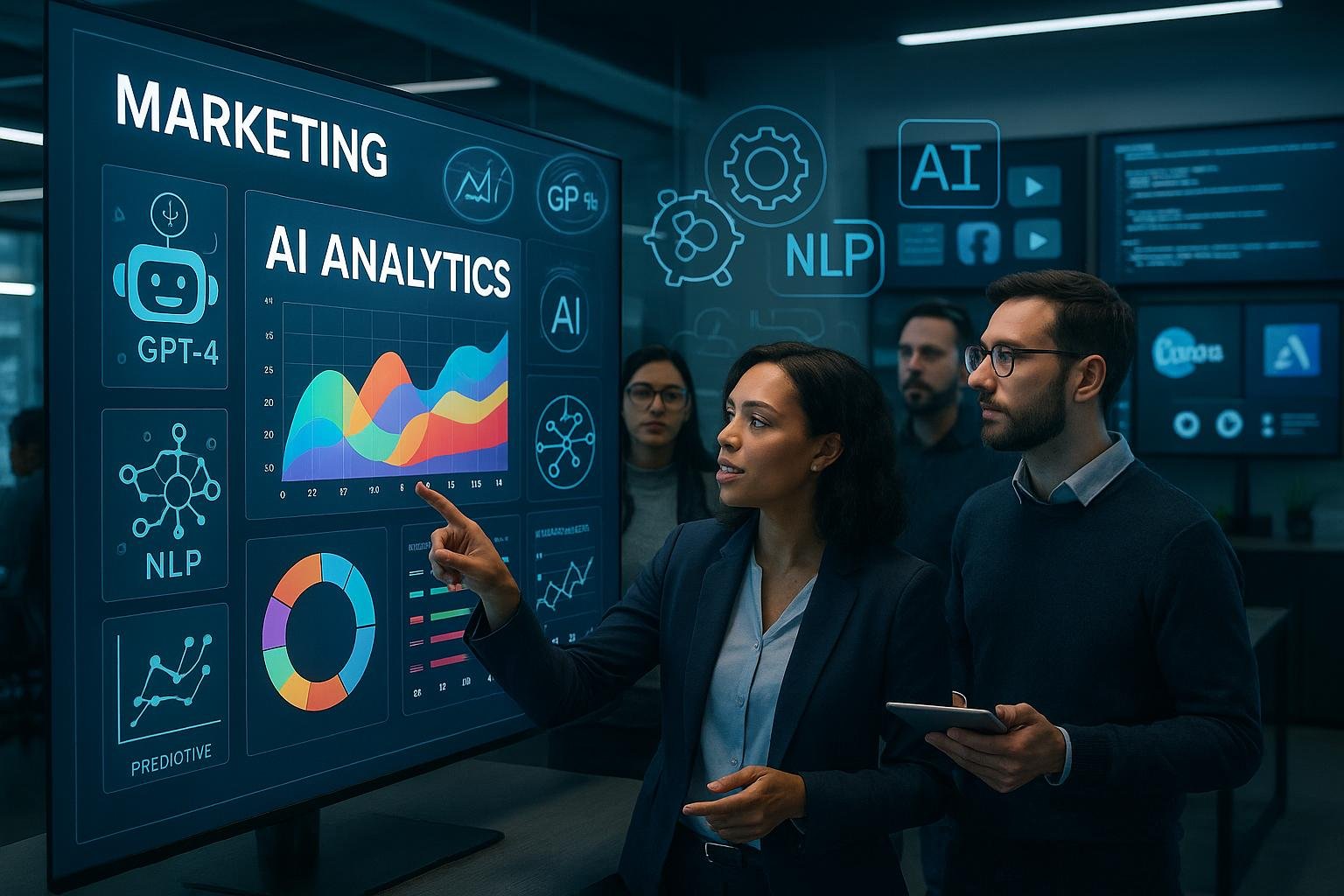 Dynamisches Marketingbüro mit Team, digitalem Touchscreen, holographischen KI-Symbolen und futuristischem Dekor