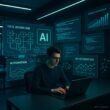 Futuristisches Büro mit mehreren Bildschirmen, einer Person am Laptop und digitalen Grafiken, Code-Snippets sowie Visualisierungen von Content-Performance und API-Integrationen, in blauen und grünen Akzenten.