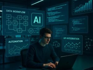 Futuristisches Büro mit mehreren Bildschirmen, einer Person am Laptop und digitalen Grafiken, Code-Snippets sowie Visualisierungen von Content-Performance und API-Integrationen, in blauen und grünen Akzenten.