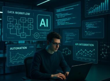 Futuristisches Büro mit mehreren Bildschirmen, einer Person am Laptop und digitalen Grafiken, Code-Snippets sowie Visualisierungen von Content-Performance und API-Integrationen, in blauen und grünen Akzenten.