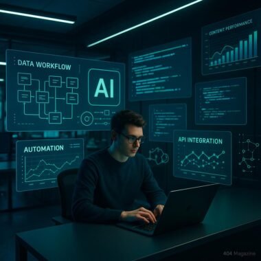 Futuristisches Büro mit mehreren Bildschirmen, einer Person am Laptop und digitalen Grafiken, Code-Snippets sowie Visualisierungen von Content-Performance und API-Integrationen, in blauen und grünen Akzenten.