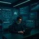 Futuristisches Büro mit mehreren Bildschirmen, einer Person am Laptop und digitalen Grafiken, Code-Snippets sowie Visualisierungen von Content-Performance und API-Integrationen, in blauen und grünen Akzenten.