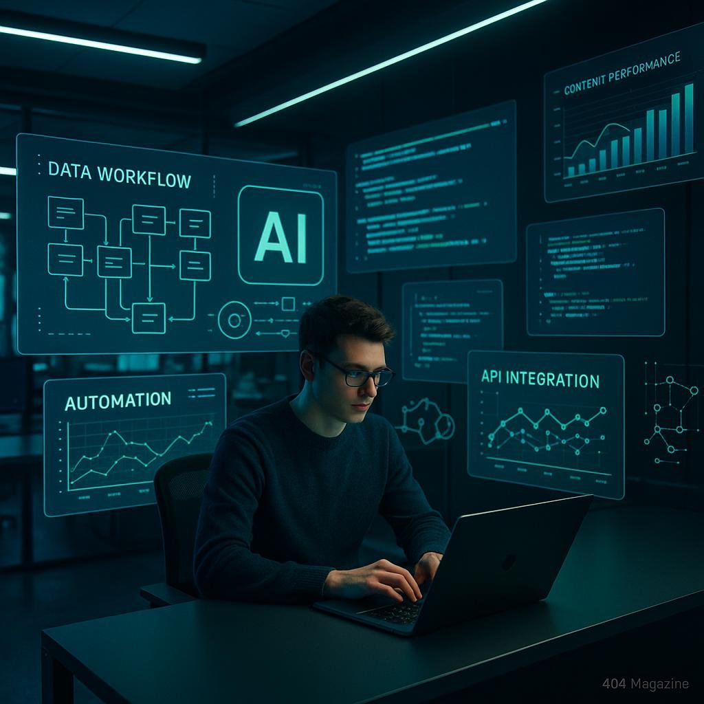 Futuristisches Büro mit mehreren Bildschirmen, einer Person am Laptop und digitalen Grafiken, Code-Snippets sowie Visualisierungen von Content-Performance und API-Integrationen, in blauen und grünen Akzenten.