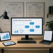 Modernes Büro mit mehreren Monitoren, Tablets und Whiteboards, die Content-Planung und Automatisierung visualisieren, mit Fachliteratur zu KI, APIs und Marketing.