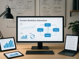 Modernes Büro mit mehreren Monitoren, Tablets und Whiteboards, die Content-Planung und Automatisierung visualisieren, mit Fachliteratur zu KI, APIs und Marketing.