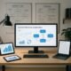 Modernes Büro mit mehreren Monitoren, Tablets und Whiteboards, die Content-Planung und Automatisierung visualisieren, mit Fachliteratur zu KI, APIs und Marketing.