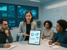 Junge Fachfrau zeigt auf einem digitalen Tablet eine interaktive Kampagnenübersicht, umgeben von Teammitgliedern in einem futuristischen, technologisch ausgerichteten Raum mit großen Datenvisualisierungen und KI-Modellen an den Bildschirmen.