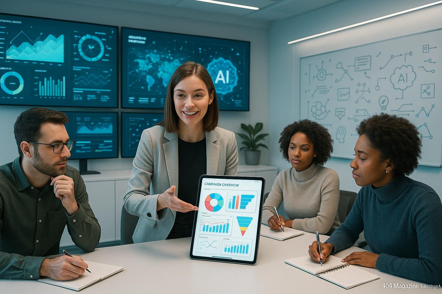 Junge Fachfrau zeigt auf einem digitalen Tablet eine interaktive Kampagnenübersicht, umgeben von Teammitgliedern in einem futuristischen, technologisch ausgerichteten Raum mit großen Datenvisualisierungen und KI-Modellen an den Bildschirmen.
