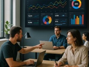 Team arbeitet in modernem Büro mit digitalen Dashboards, interaktiven Datenvisualisierungen und Echtzeit-Reporting, im Vordergrund Entwickler und Content-Manager bei der Zusammenarbeit