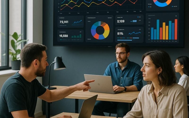 Team arbeitet in modernem Büro mit digitalen Dashboards, interaktiven Datenvisualisierungen und Echtzeit-Reporting, im Vordergrund Entwickler und Content-Manager bei der Zusammenarbeit
