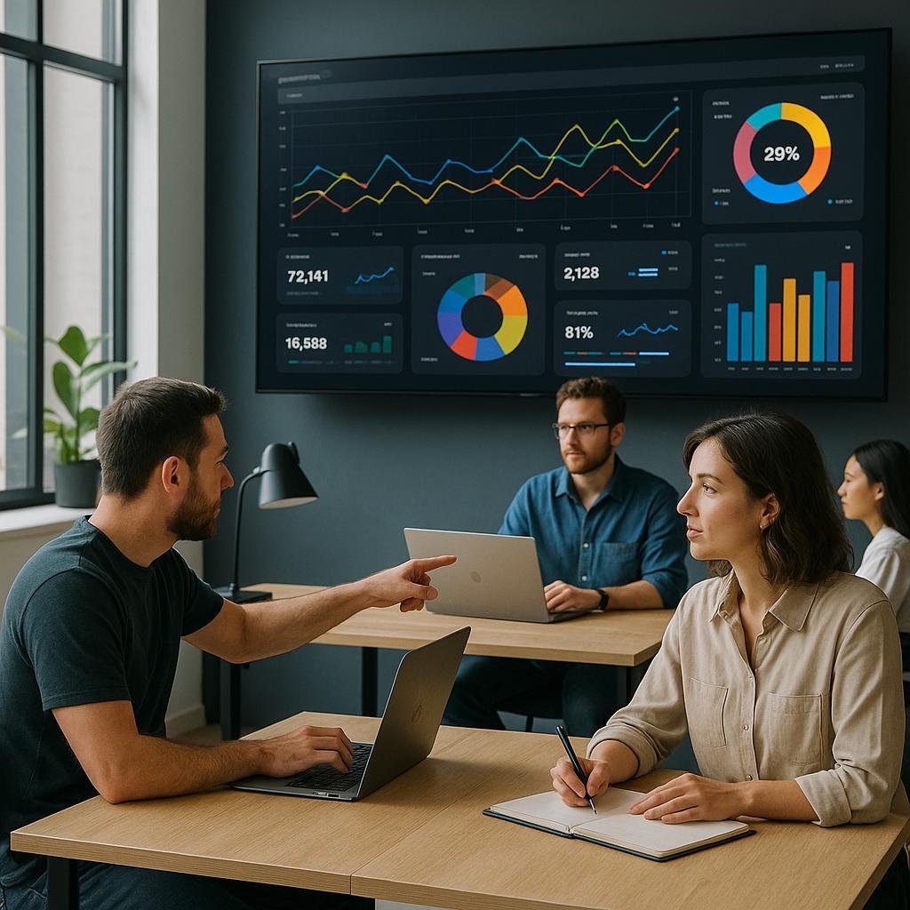 Team arbeitet in modernem Büro mit digitalen Dashboards, interaktiven Datenvisualisierungen und Echtzeit-Reporting, im Vordergrund Entwickler und Content-Manager bei der Zusammenarbeit