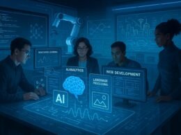 Futuristische Büro-Szene mit mehrköpfigem Team, holographischen KI-Modellen, Robotik und smarten Stadtansichten im Hintergrund, hervorgehoben durch blaue und weiße Beleuchtung.