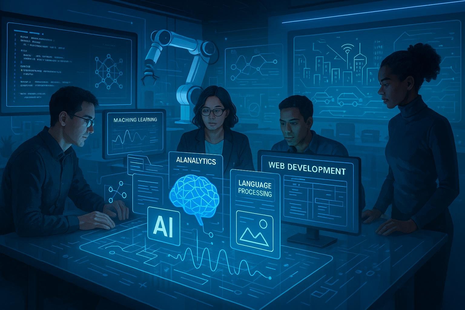 Futuristische Büro-Szene mit mehrköpfigem Team, holographischen KI-Modellen, Robotik und smarten Stadtansichten im Hintergrund, hervorgehoben durch blaue und weiße Beleuchtung.