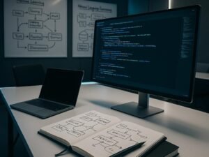 Modernes, hochtechnologisches Büro mit großem Monitor, Whiteboards mit Diagrammen zu KI, minimalistisches Design und futuristische Atmosphäre, Credit: 404 Magazine (Tobias Hager)