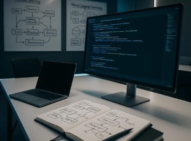 Modernes, hochtechnologisches Büro mit großem Monitor, Whiteboards mit Diagrammen zu KI, minimalistisches Design und futuristische Atmosphäre, Credit: 404 Magazine (Tobias Hager)