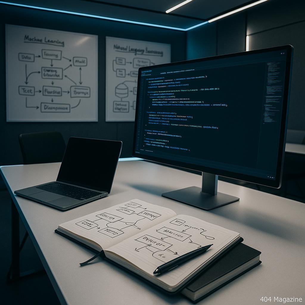 Modernes, hochtechnologisches Büro mit großem Monitor, Whiteboards mit Diagrammen zu KI, minimalistisches Design und futuristische Atmosphäre, Credit: 404 Magazine (Tobias Hager)