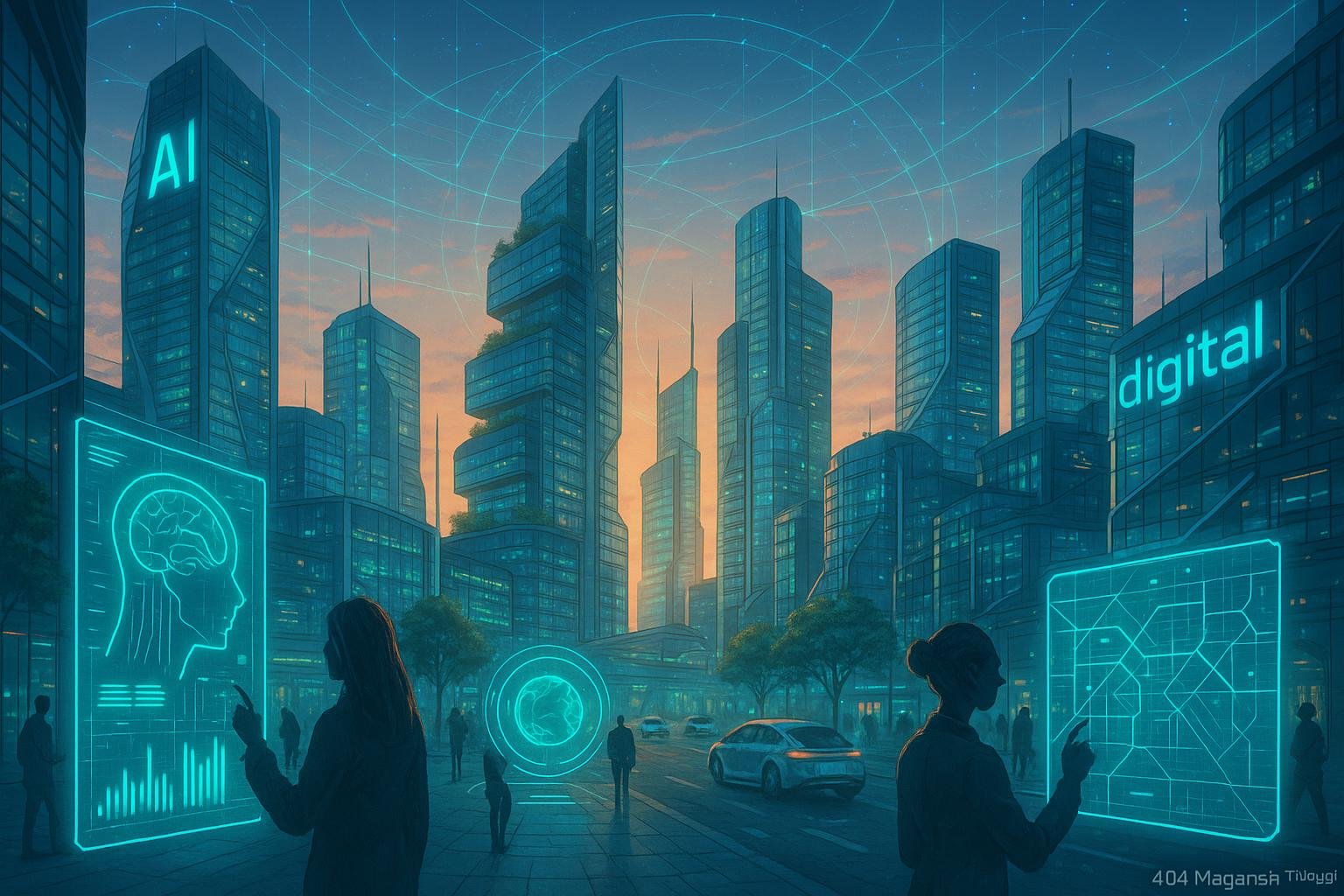 Futuristische deutsche Stadt bei Sonnenuntergang mit innovativen Gebäuden, holographischen Interfaces, autonomen Fahrzeugen und grünen Dächern, verbunden durch digitale Netzwerke